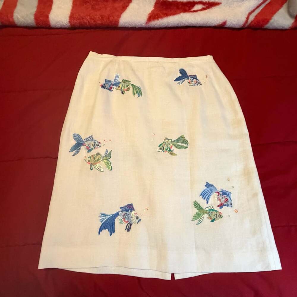 Talbots Irish Linen Skirt Size 8 Embroidered Fish